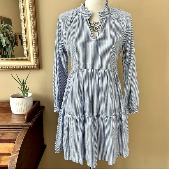 J Crew Tiered Popover Mini Dress Stripe Cotton Poplin Blue White Stripe Tiered M - Picture 4 of 13